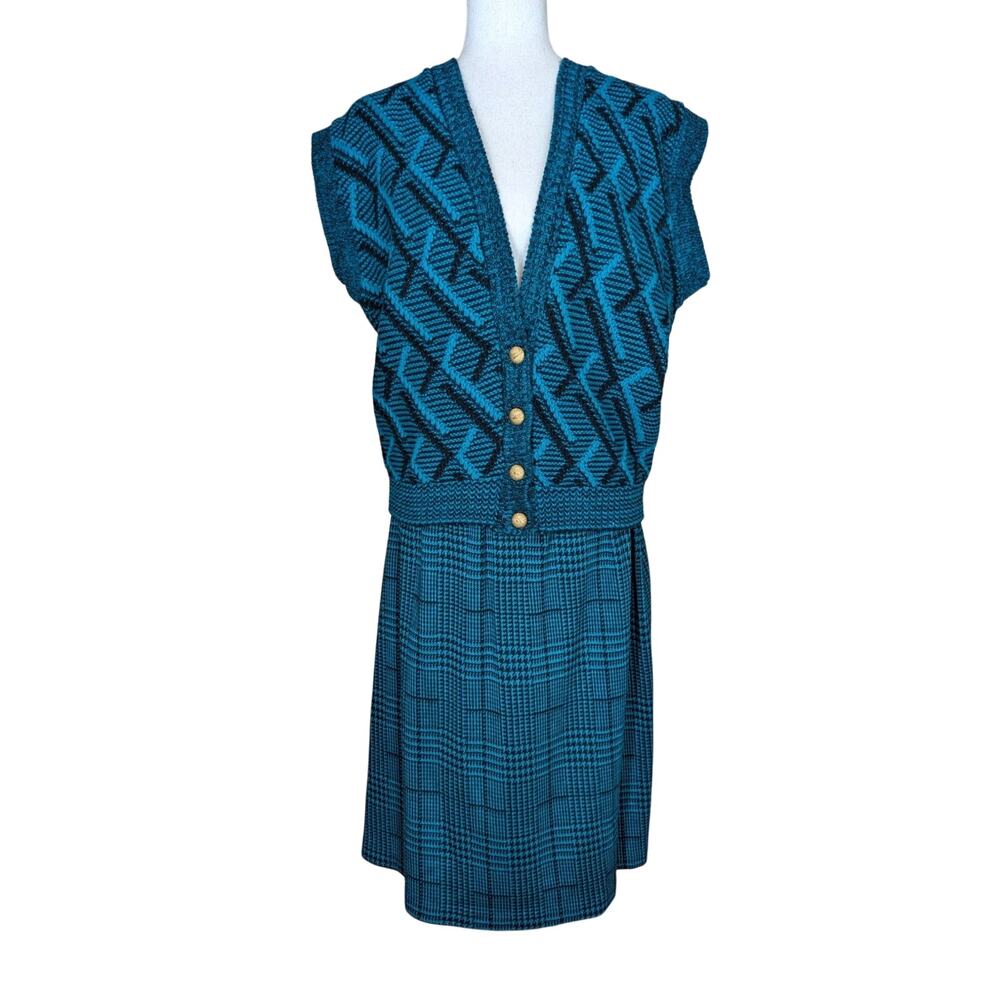 Vintage Cape Cod Sportswear Green Houndstooth Sweater Skirt 2 Set Women's Medium